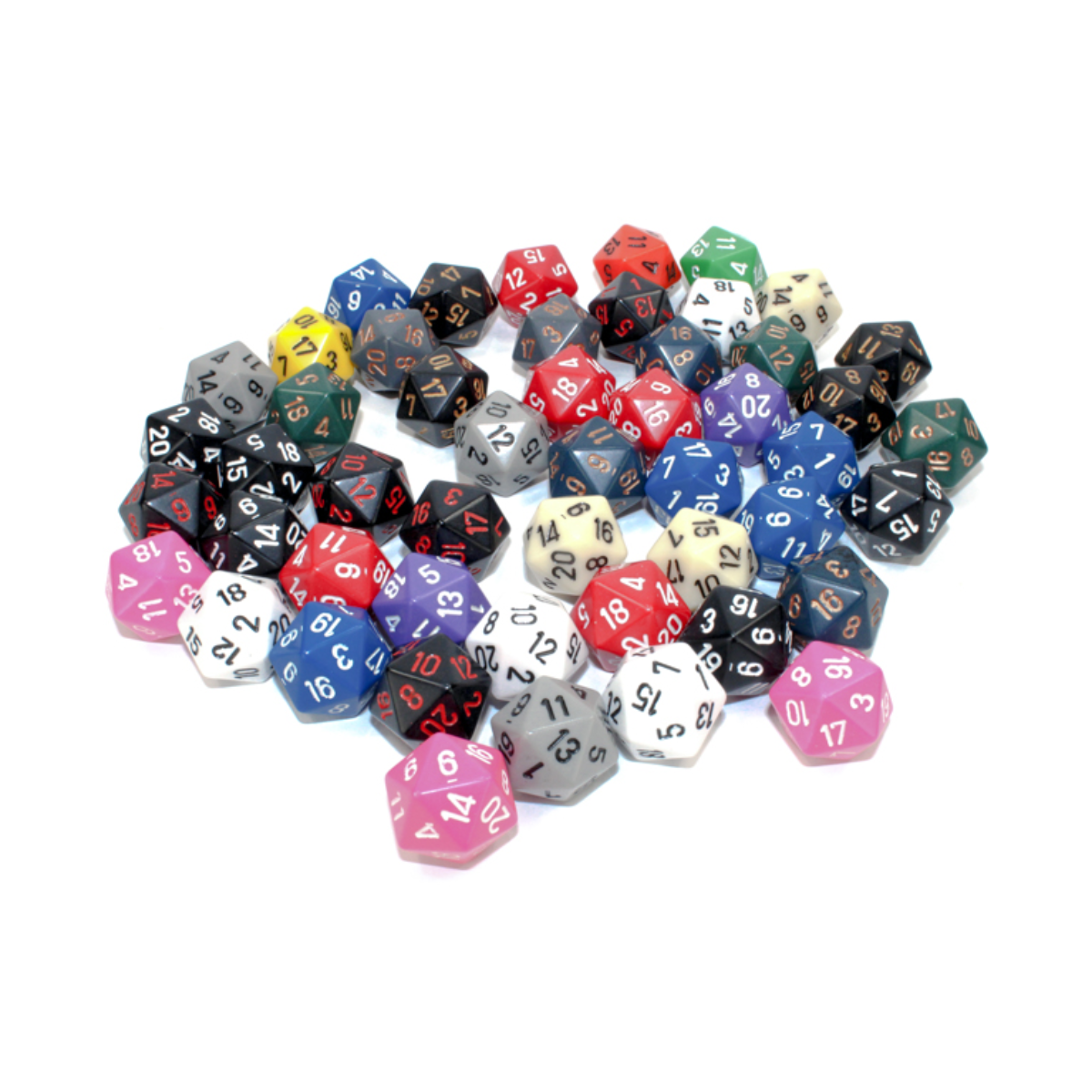 Chessex Bag of 50 Assorted Loose Opaque Polyhedral D20 Dice