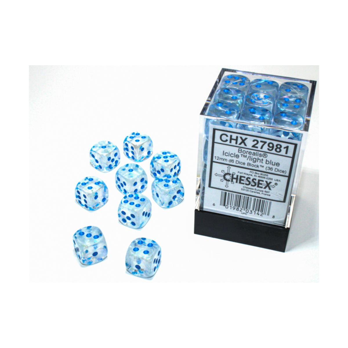Chessex Borealis Icicle/Light Blue Luminary 12mm D6 Dice Block (36 Würfel)