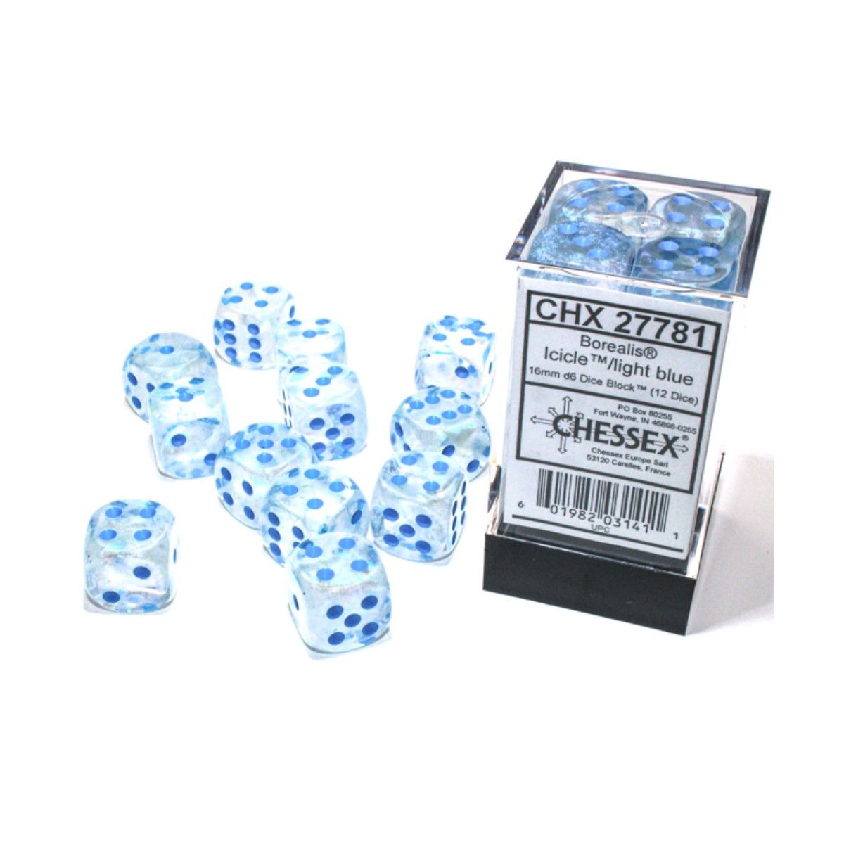Chessex Borealis Icicle/Light Blue Luminary 16mm D6 Dice Block (12 Würfel)