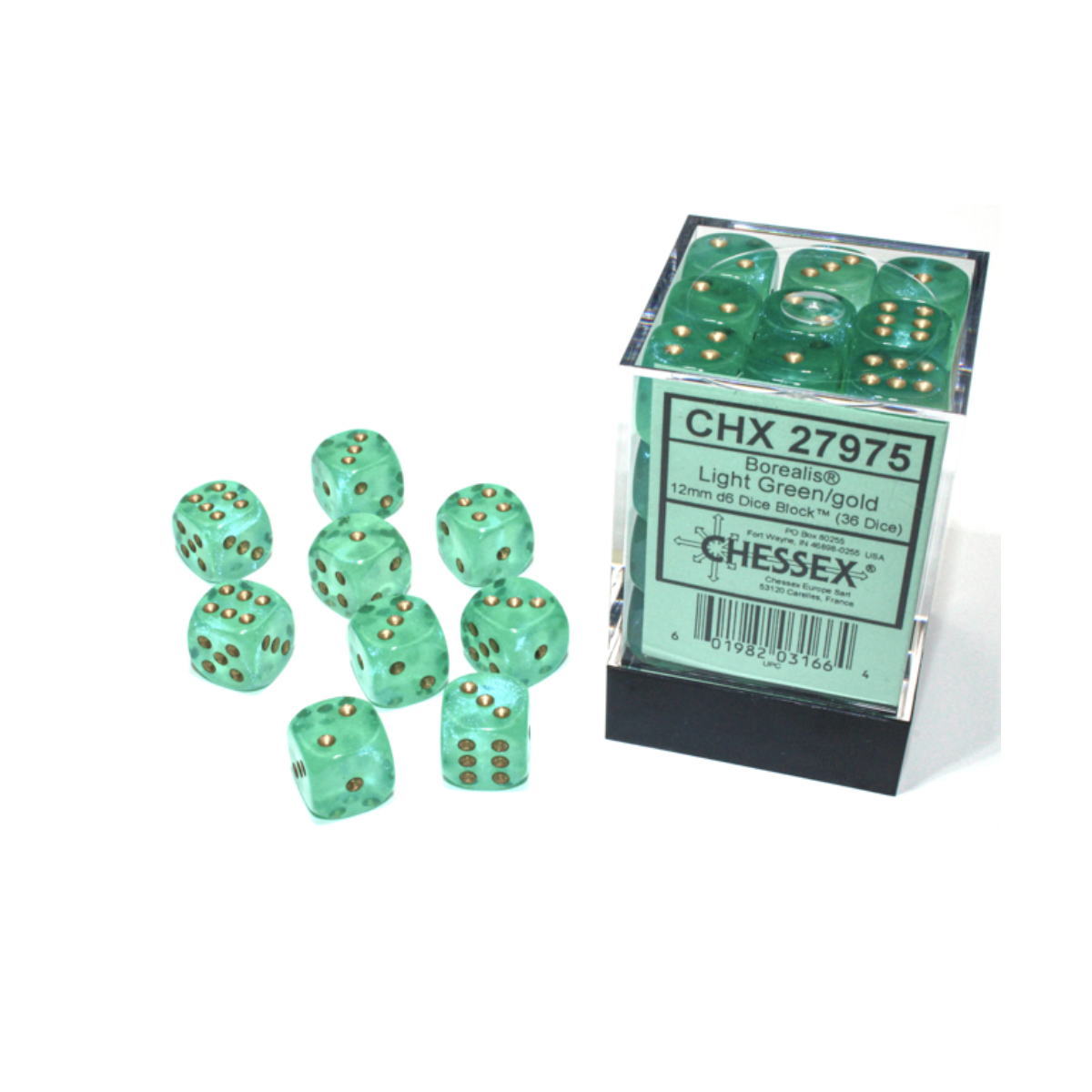 Chessex Borealis Light Green/Gold Luminary 12mm D6 Dice Block (36 Würfel)