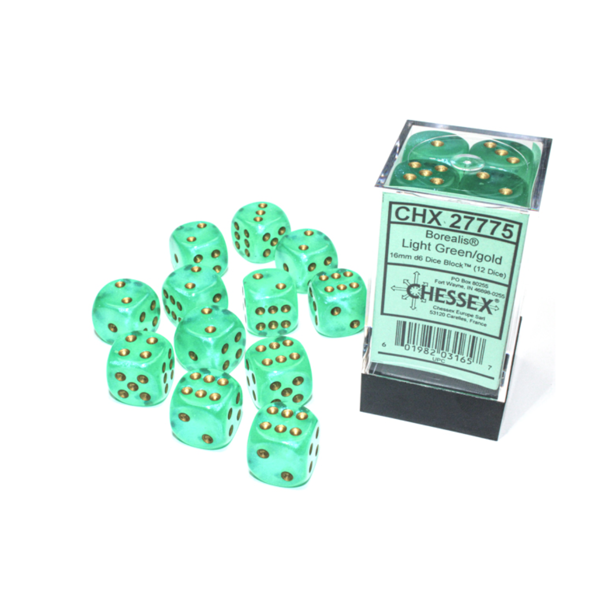 Chessex Borealis Light Green/Gold Luminary 16mm D6 Dice Block (12 Würfel)