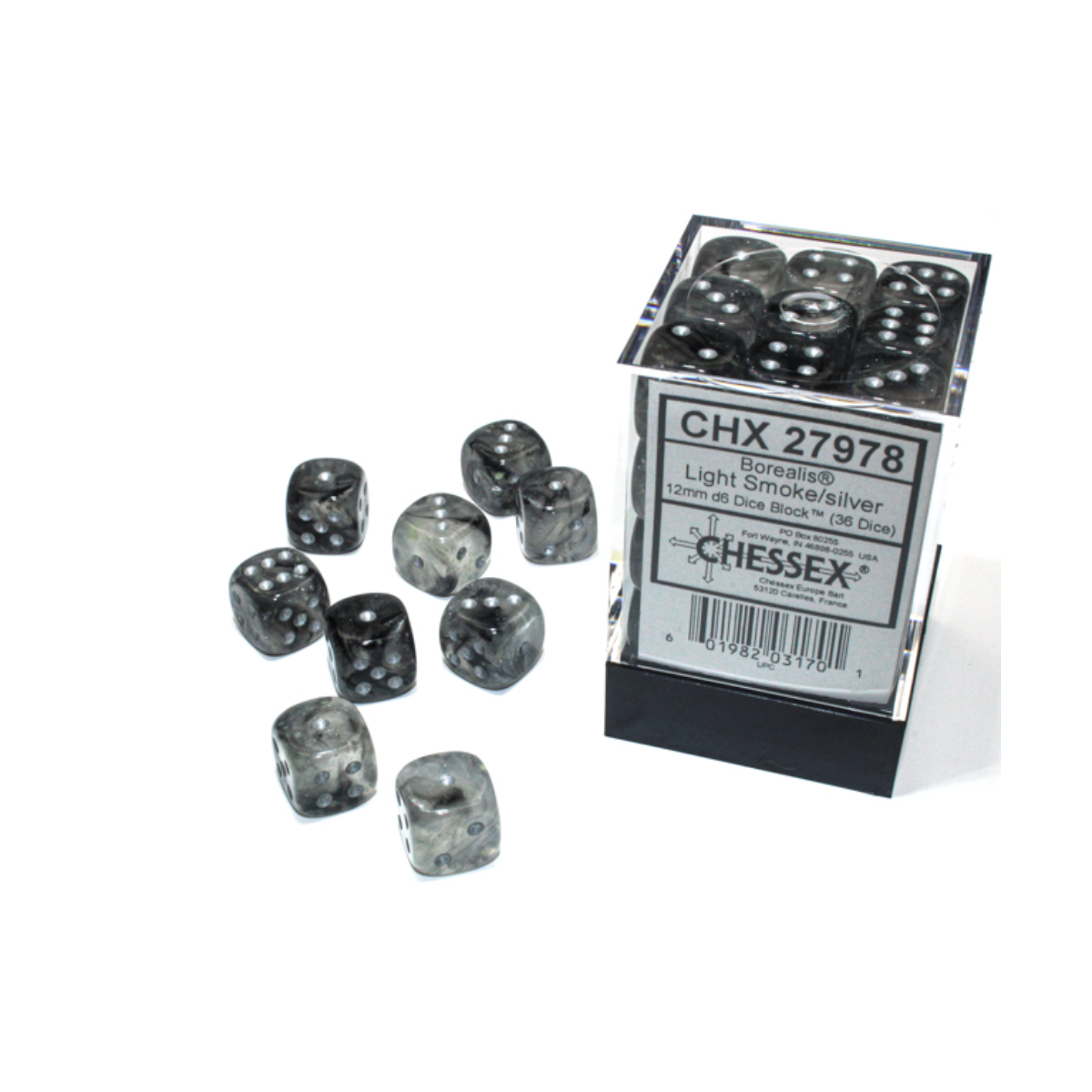 Chessex Borealis Light Smoke/Silver Luminary 12mm D6 Dice Block (36 Würfel)