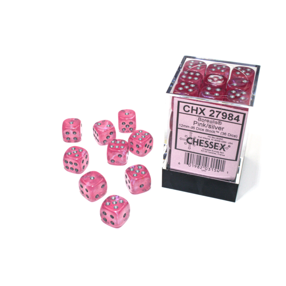 Chessex Borealis Pink/Silver Luminary 12mm D6 Dice Block (36 Würfel)