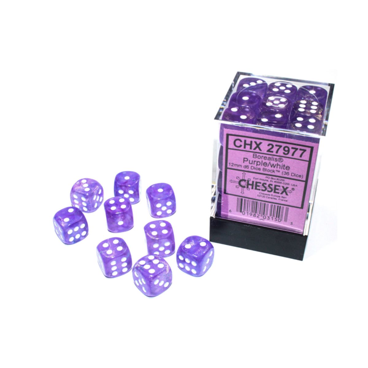 Chessex Borealis Purple/White Luminary 12mm D6 Dice Block (36 Würfel)