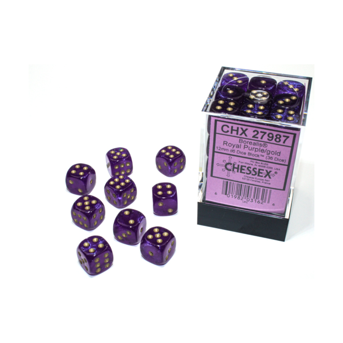 Chessex Borealis Royal Purple/Gold Luminary 12mm D6 Dice Block (36 Würfel)