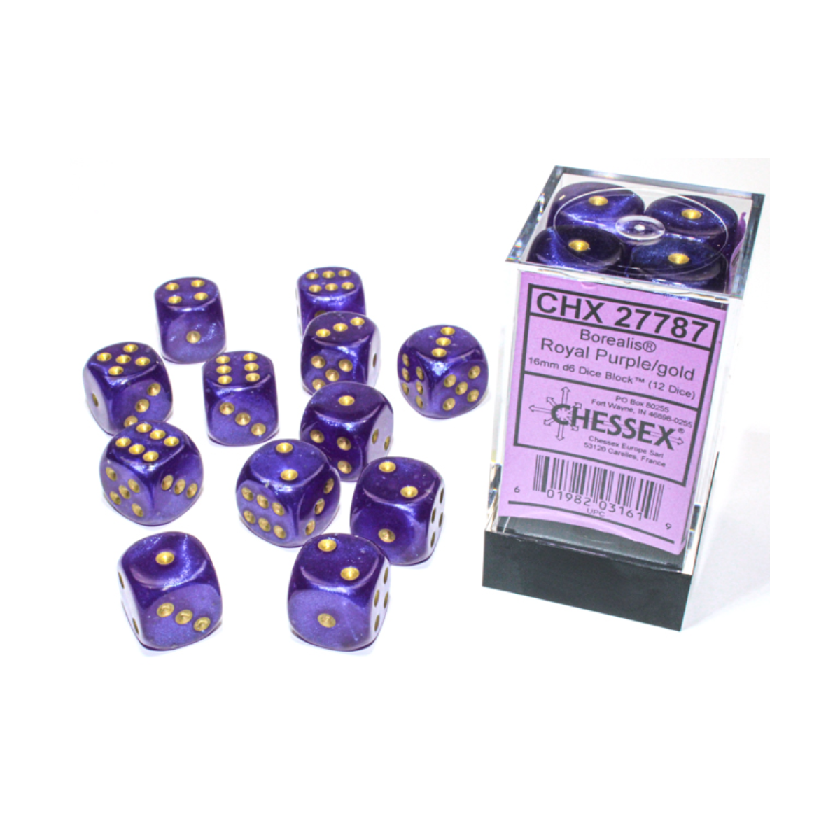 Chessex Borealis Royal Purple/Gold Luminary 16mm D6 Dice Block (12 Würfel)