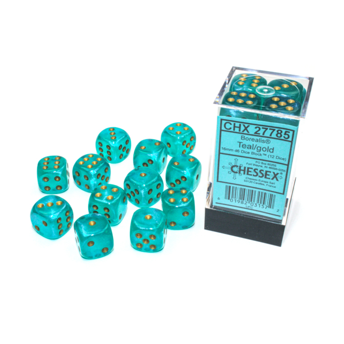 Chessex Borealis Teal/Gold Luminary 16mm D6 Dice Block (12 Würfel)