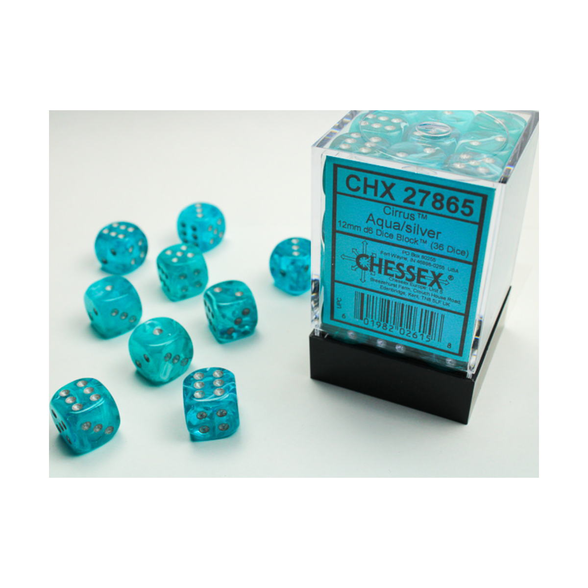 Chessex Cirrus Aqua/Silver 12mm D6 Dice Block (36 Würfel)