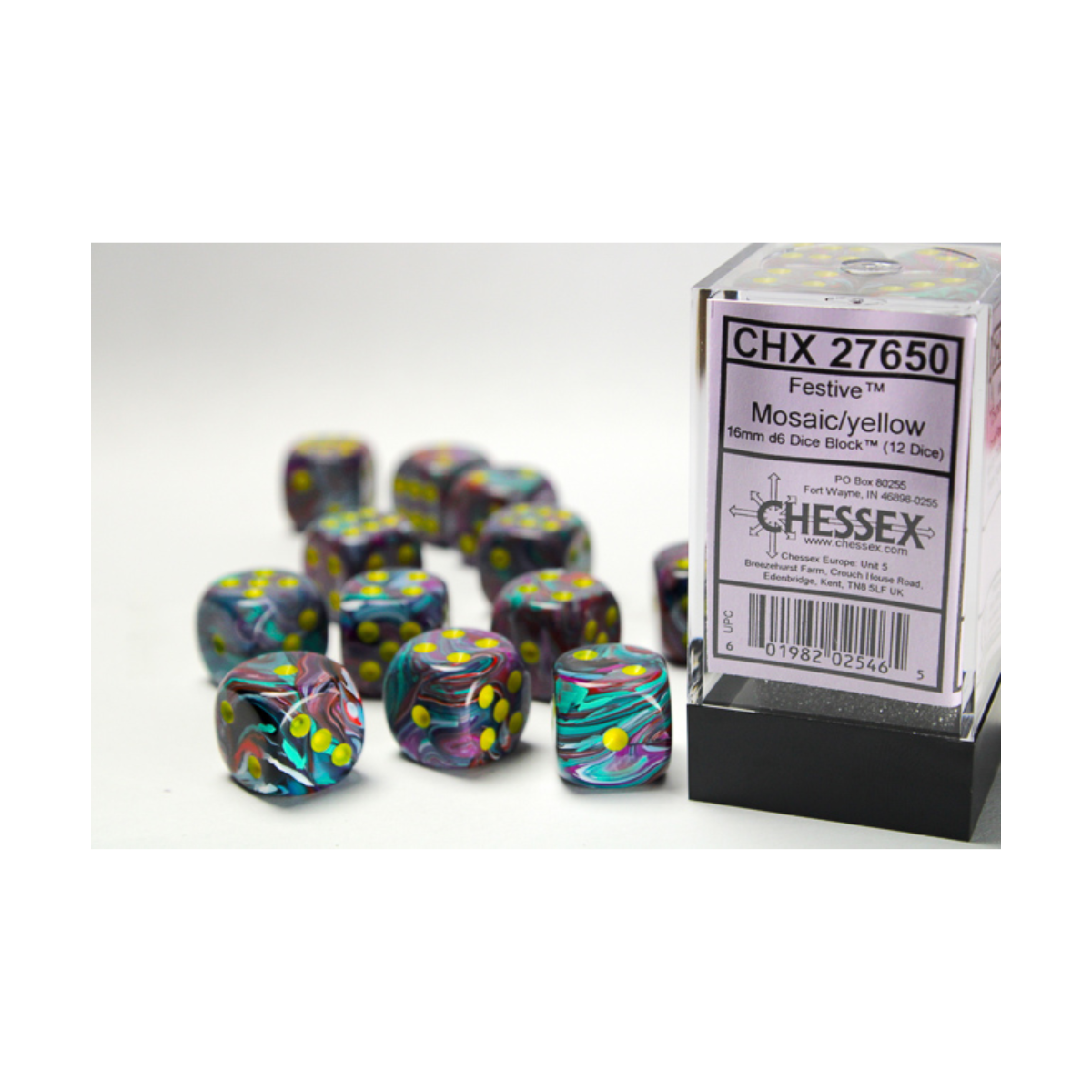 Chessex Festive Mosaic/Yellow 16mm D6 Dice Block (12 Würfel)