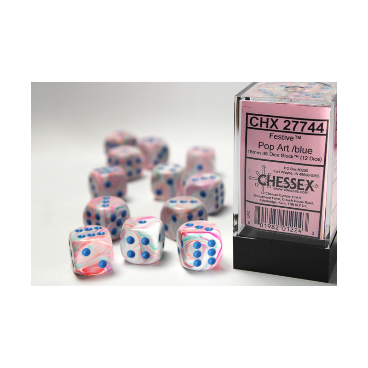 Chessex Festive Pop Art/Blue 16mm D6 Dice Block (12 Würfel)
