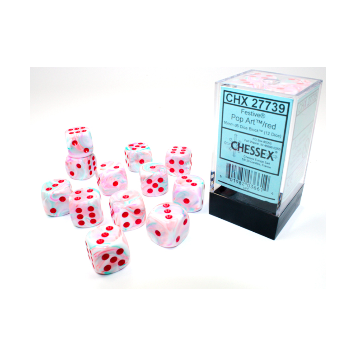 Chessex Festive Pop Art/Red 16mm D6 Dice Block (12 Würfel)