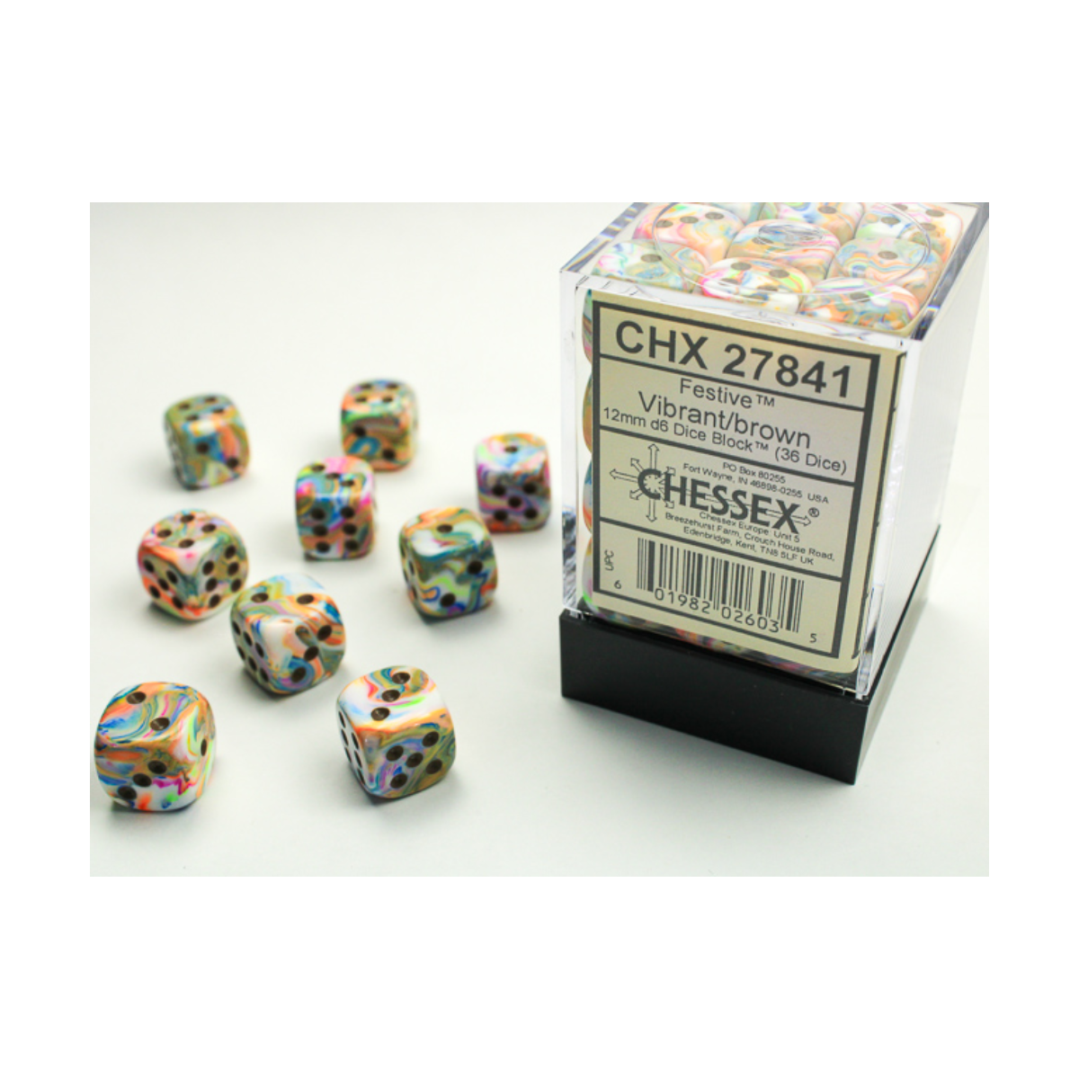 Chessex Festive Vibrant/Brown 12mm D6 Dice Block (36 Würfel)