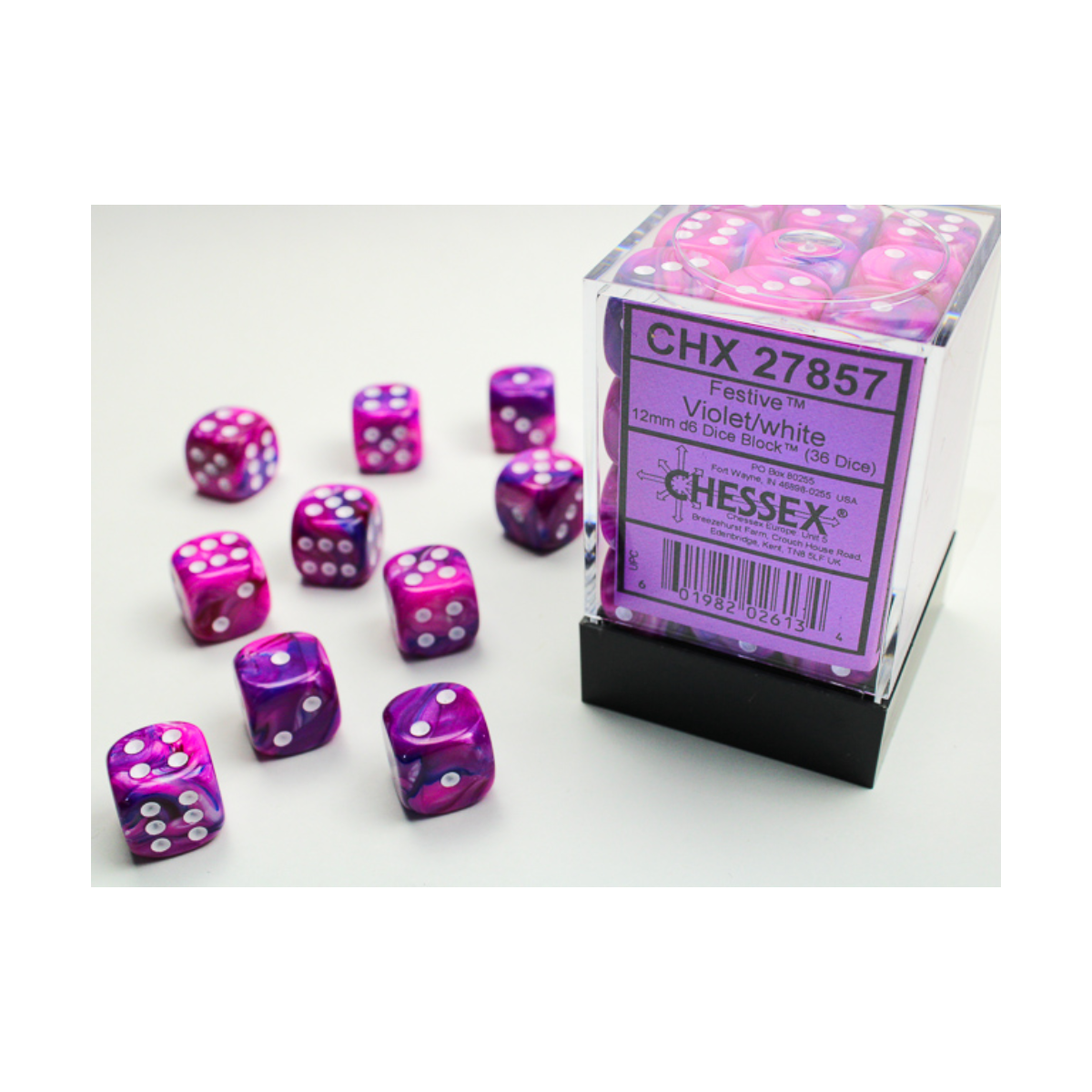 Chessex Festive Violet/White 12mm D6 Dice Block (36 Würfel)