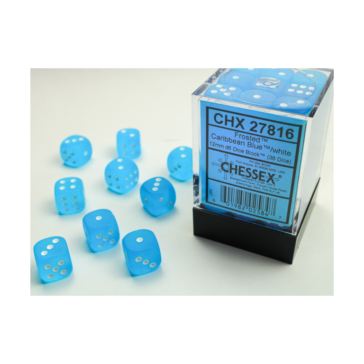 Chessex Frosted Caribbean Blue/White 12mm D6 Dice Block (36 Würfel)