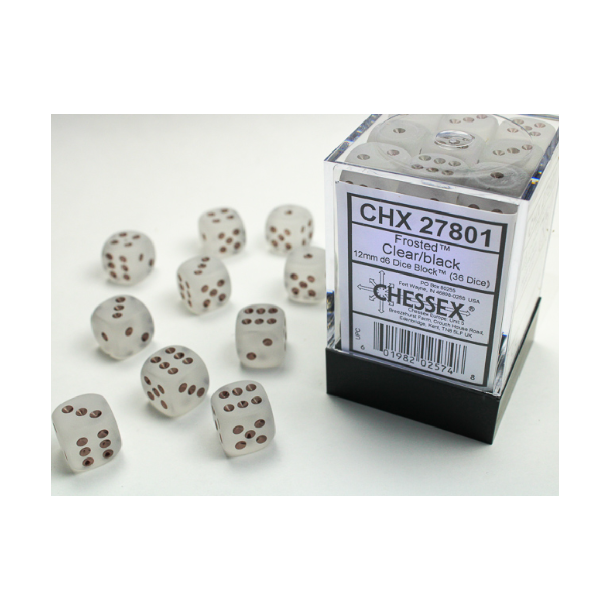 Chessex Frosted Clear/Black 12mm D6 Dice Block (36 Würfel)