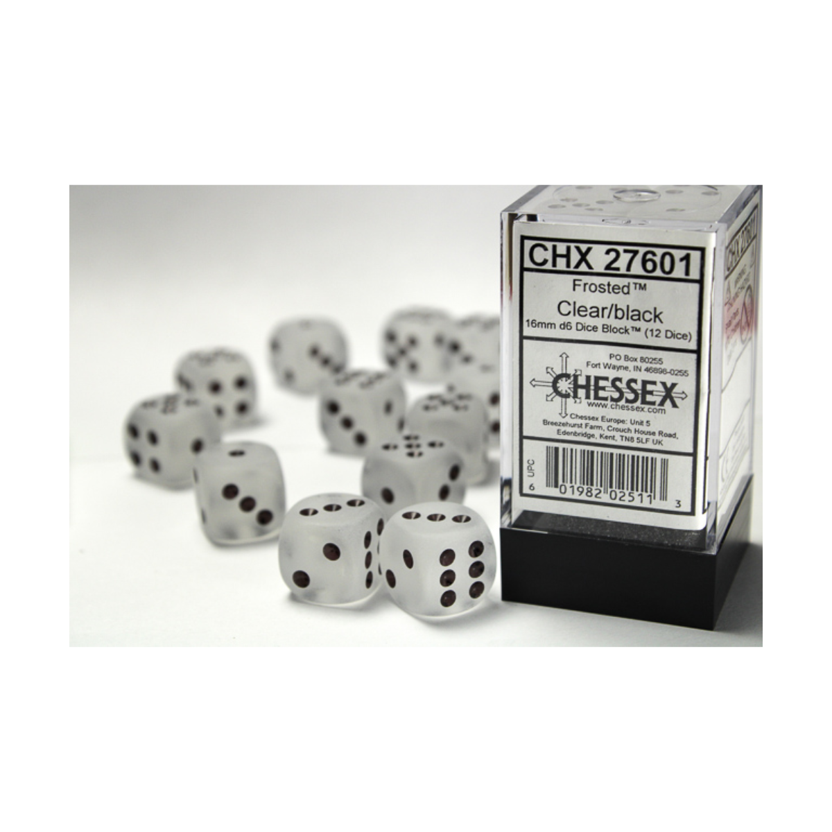 Chessex Frosted Clear/Black 16mm D6 Dice Block (12 Würfel)