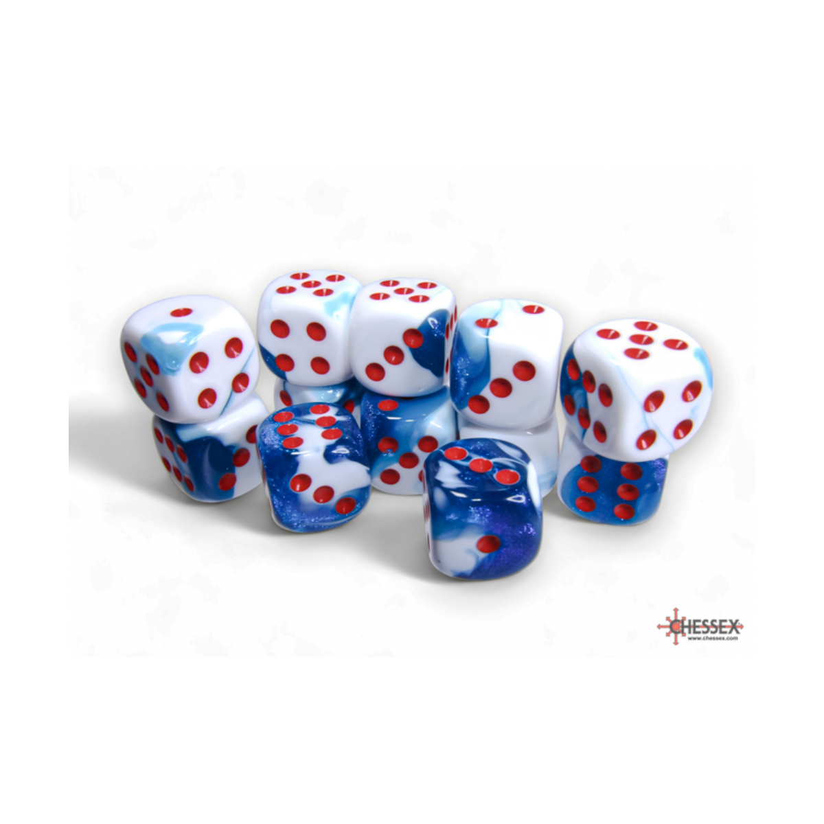 Chessex Gemini Astral Blue-White/Red 16mm D6 Dice Block (12 Würfel)