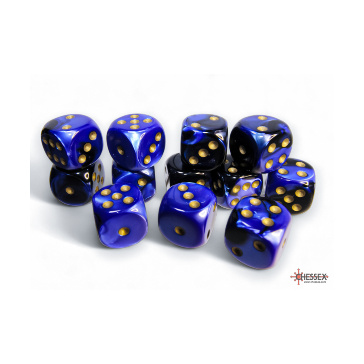 Chessex Gemini Black-Blue/Gold 16mm D6 Dice Block (12 Würfel)