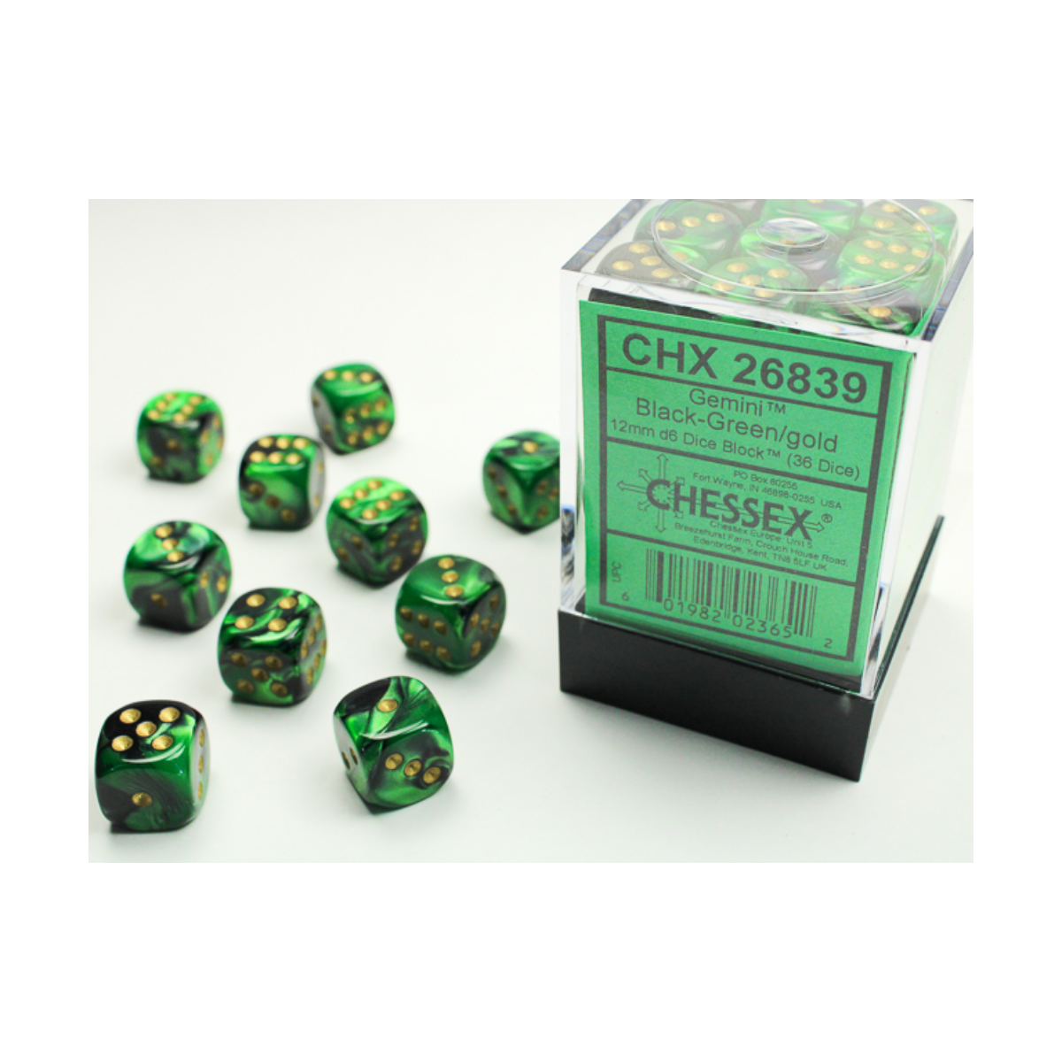 Chessex Gemini Black-Green/Gold 12mm D6 Dice Block (36 Würfel)