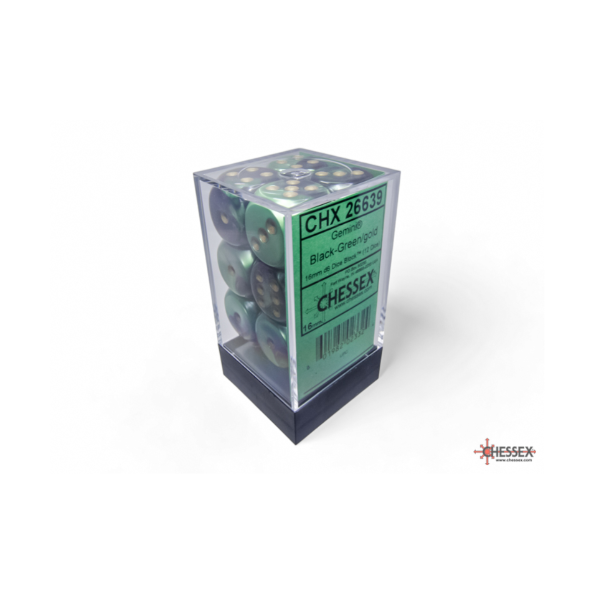 Chessex Gemini Black-Green/Gold 16mm D6 Dice Block (12 Würfel)