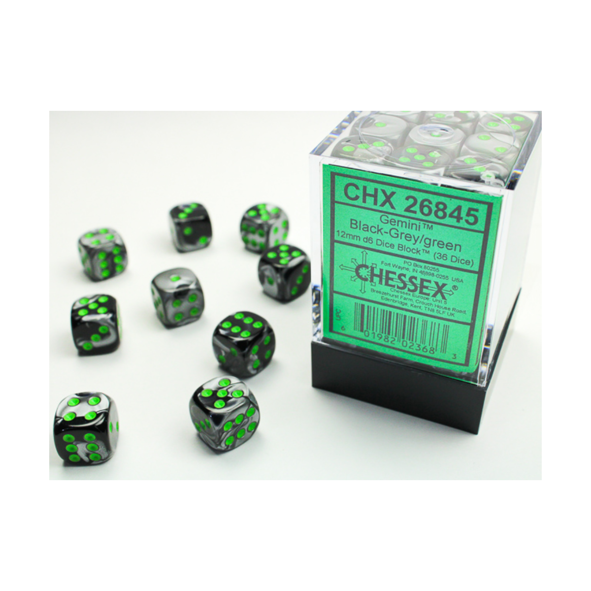 Chessex Gemini Black-Grey/Green 12mm D6 Dice Block (36 Würfel)