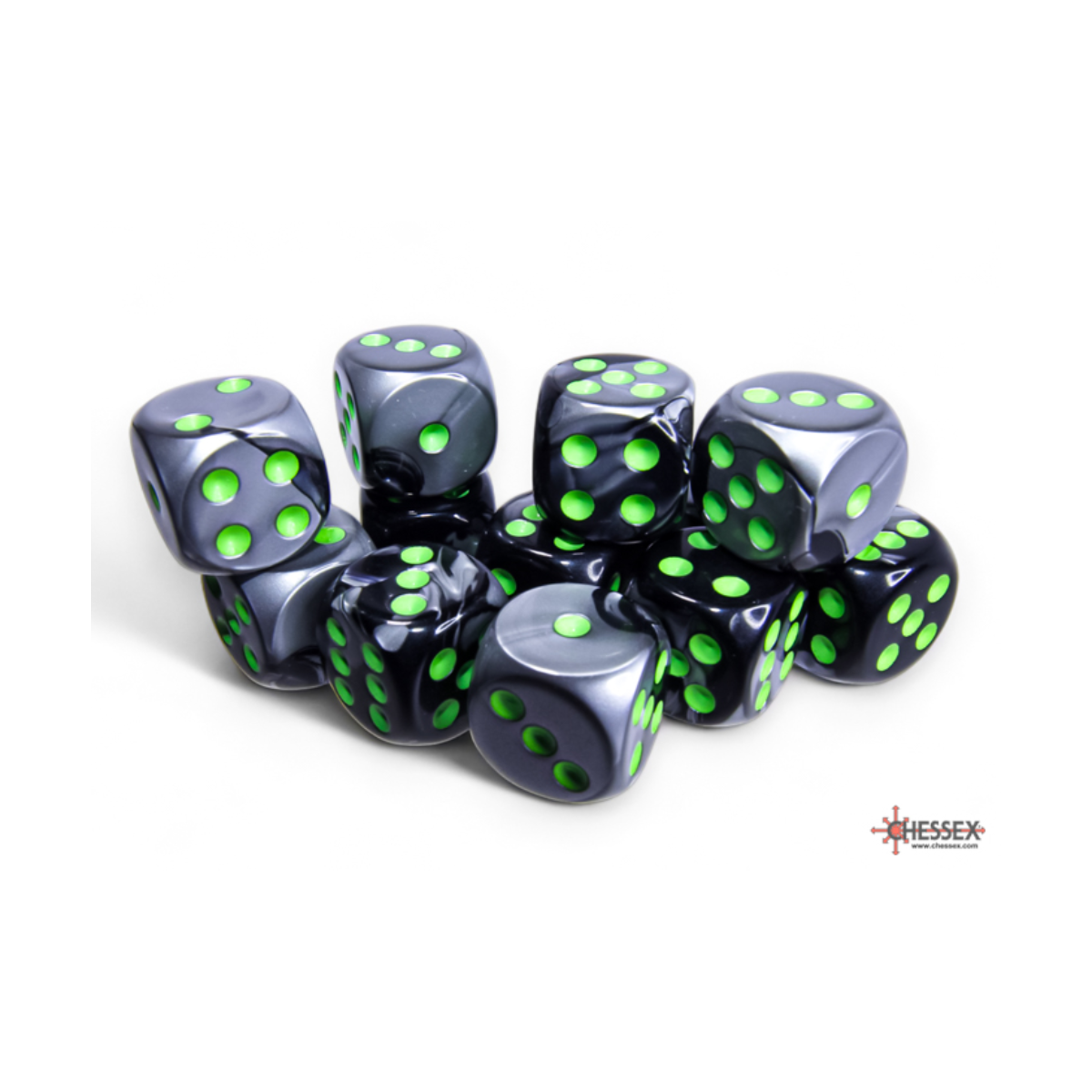 Chessex Gemini Black-Grey/Green 16mm D6 Dice Block (12 Würfel)