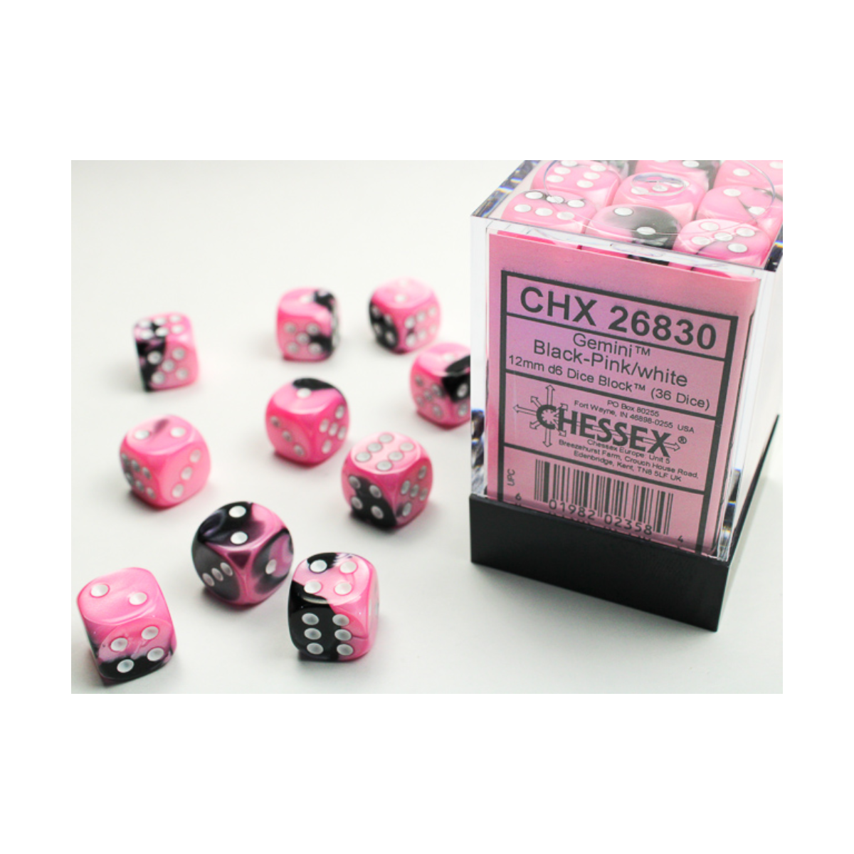 Chessex Gemini Black-Pink/White 12mm D6 Dice Block (36 Würfel)