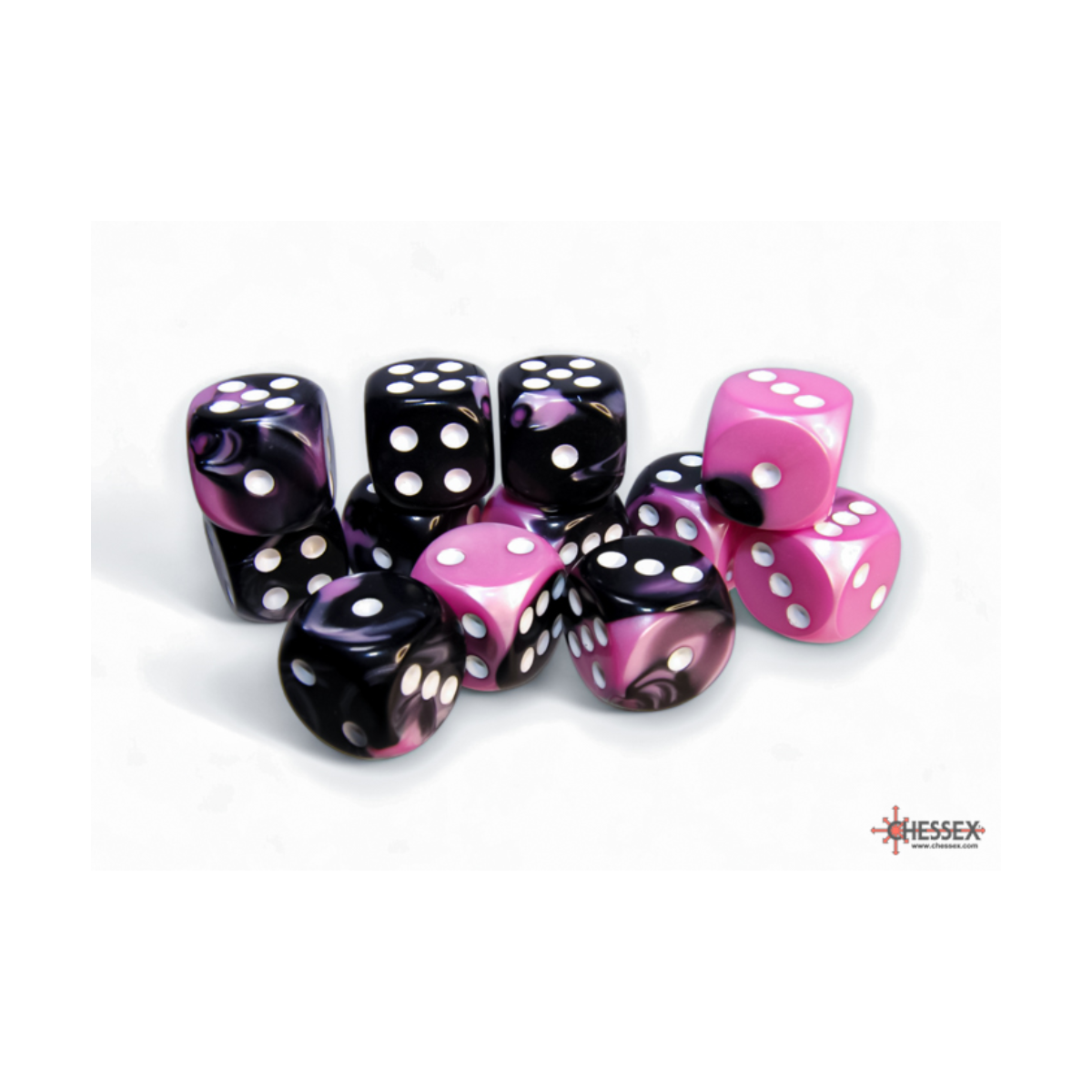 Chessex Gemini Black-Pink/White 16mm D6 Dice Block (12 Würfel)