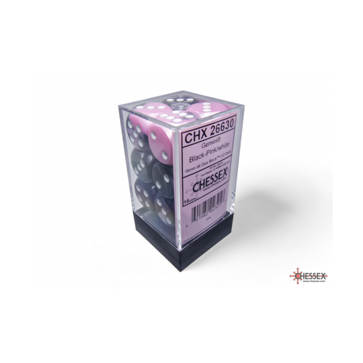 Chessex Gemini Black-Pink/White 16mm D6 Dice Block (12 Würfel)