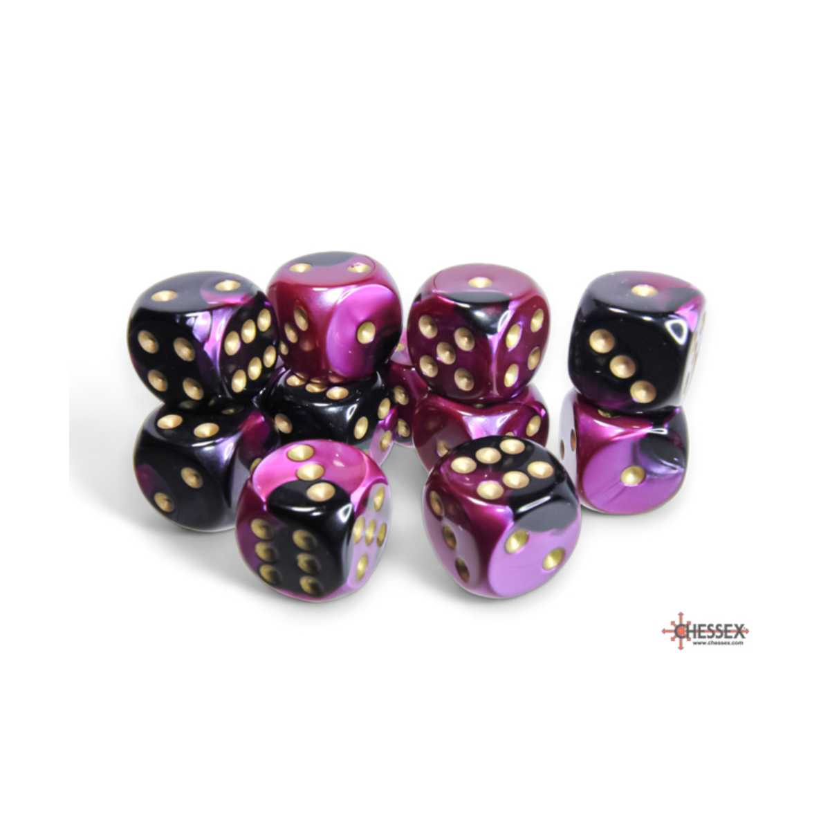 Chessex Gemini Black-Purple/Gold 16mm D6 Dice Block (12 Würfel)