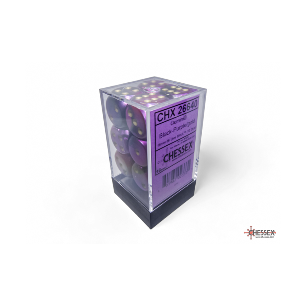 Chessex Gemini Black-Purple/Gold 16mm D6 Dice Block (12 Würfel)