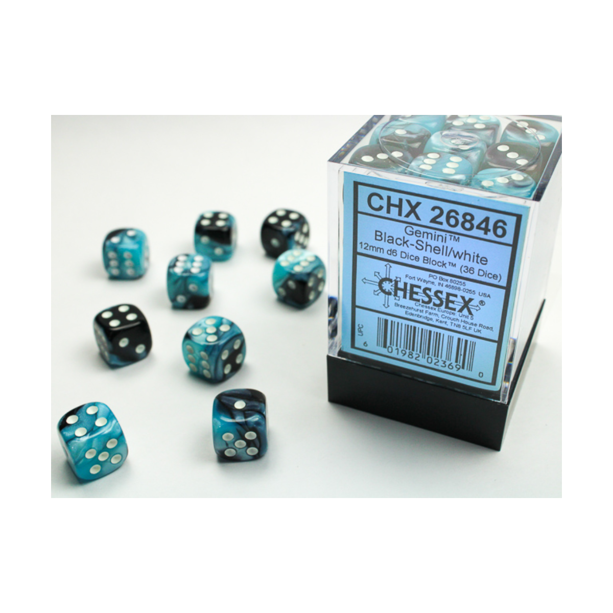 Chessex Gemini Black-Shell/White 12mm D6 Dice Block (36 Würfel)
