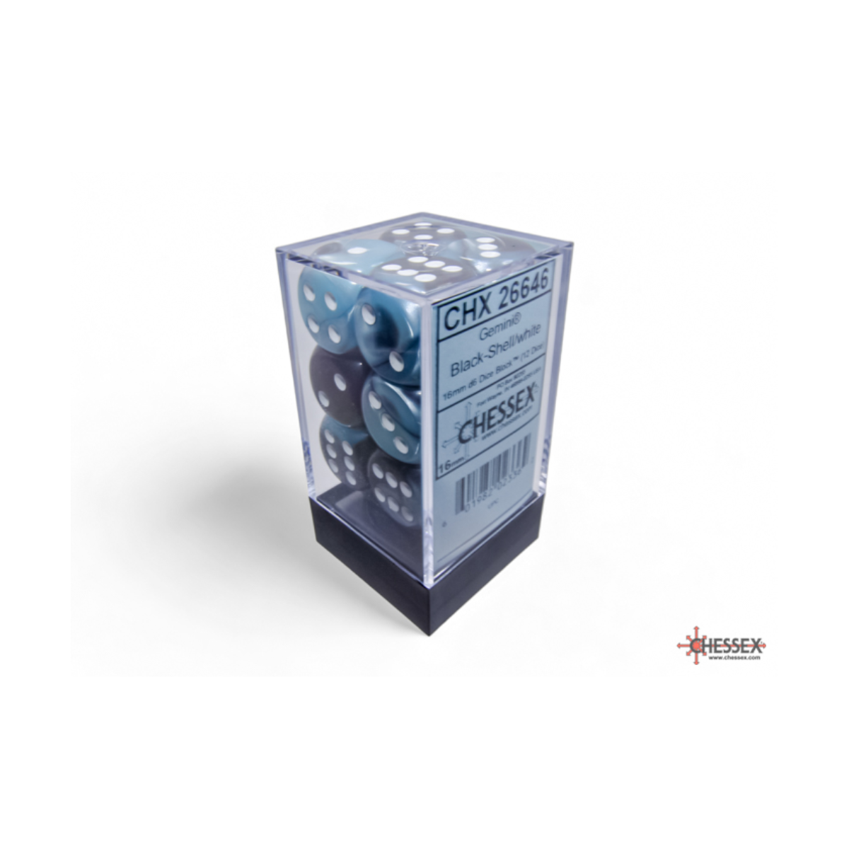 Chessex Gemini Black-Shell/White 16mm D6 Dice Block (12 Würfel)