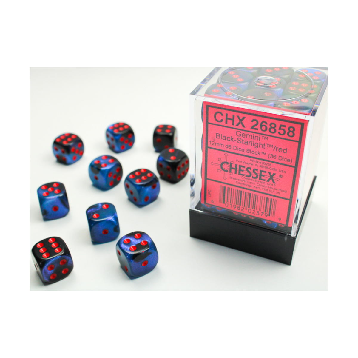 Chessex Gemini Black-Starlight/Red 12mm D6 Dice Block (36 Würfel)