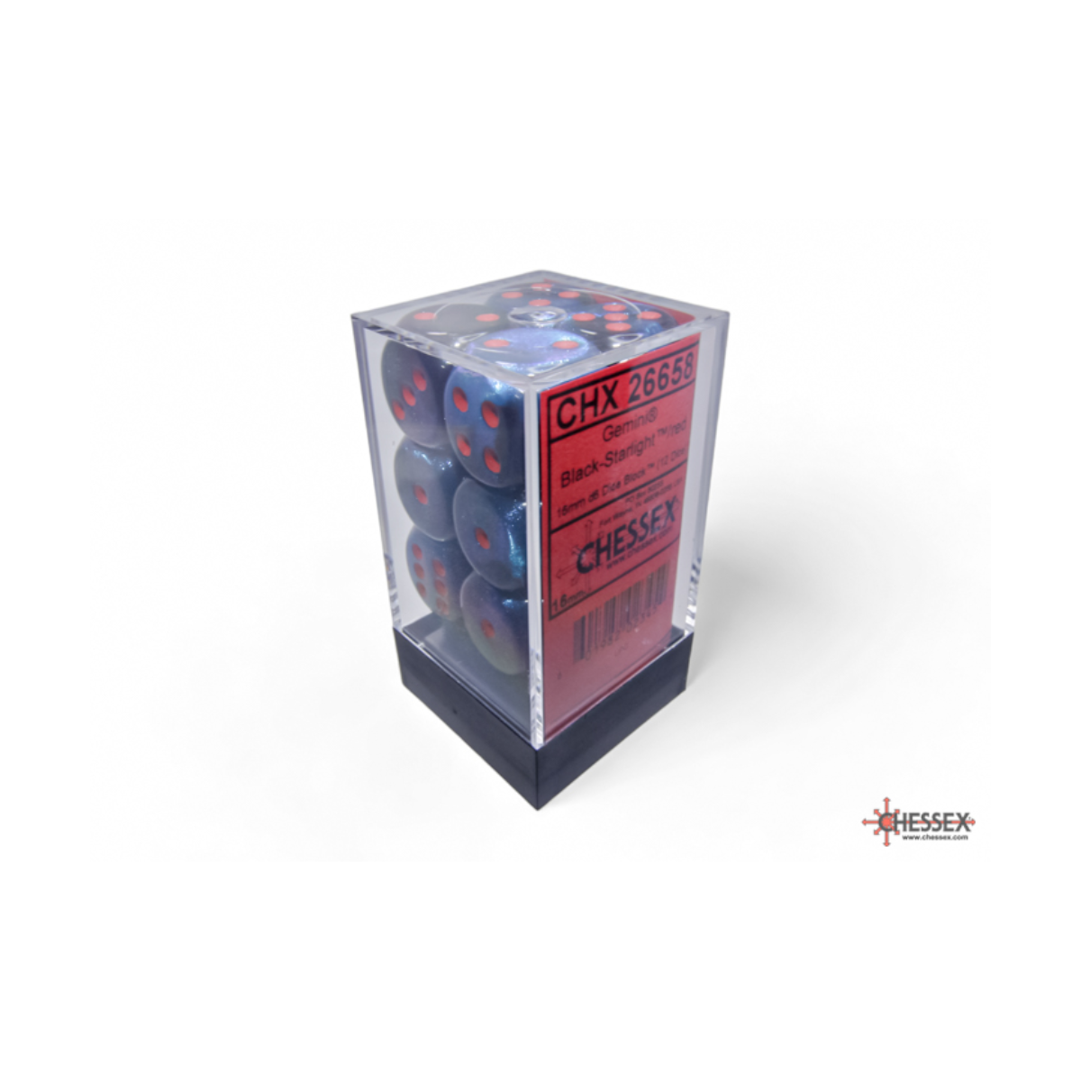 Chessex Gemini Black-Starlight/Red 16mm D6 Dice Block (12 Würfel)