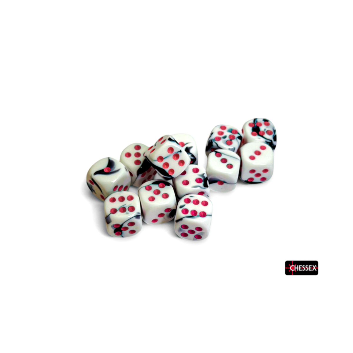 Chessex Gemini Black-White/Pink 16mm D6 Dice Block (12 Würfel)