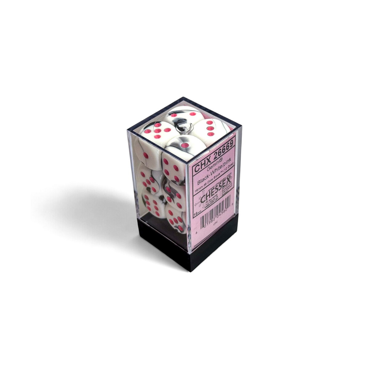 Chessex Gemini Black-White/Pink 16mm D6 Dice Block (12 Würfel)