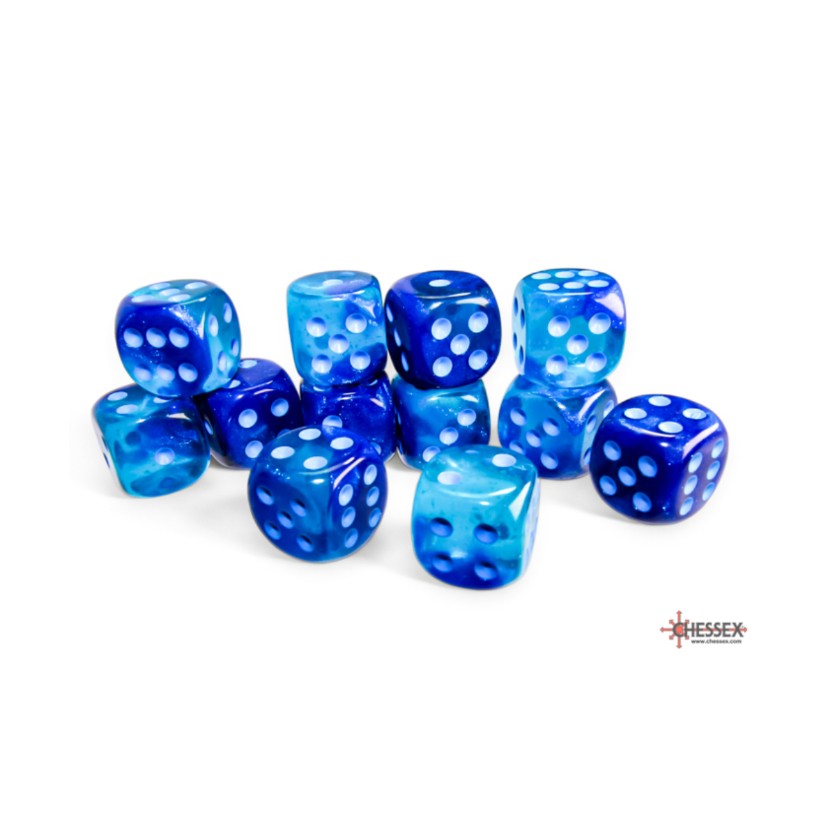 Chessex Gemini Blue-Blue/Light Blue Luminary 16mm D6 Dice Block (12 Würfel)