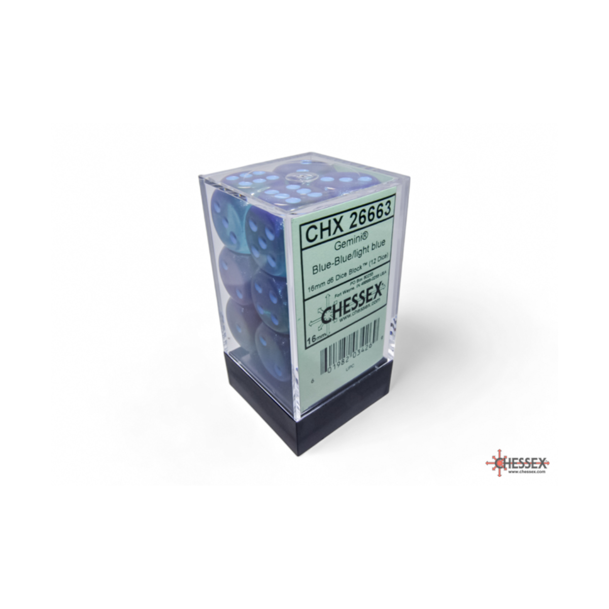 Chessex Gemini Blue-Blue/Light Blue Luminary 16mm D6 Dice Block (12 Würfel)