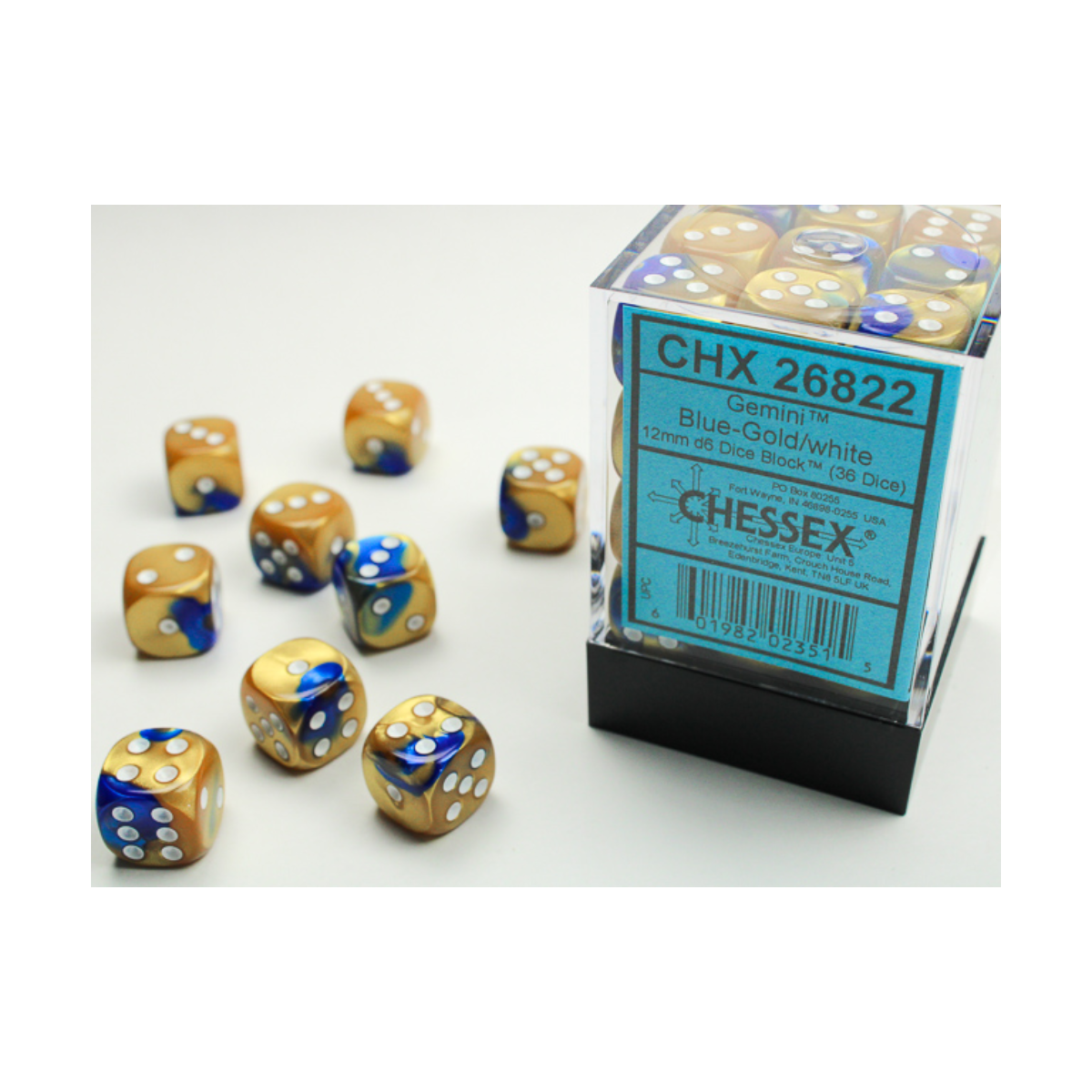 Chessex Gemini Blue-Gold/White 12mm D6 Dice Block (36 Würfel)