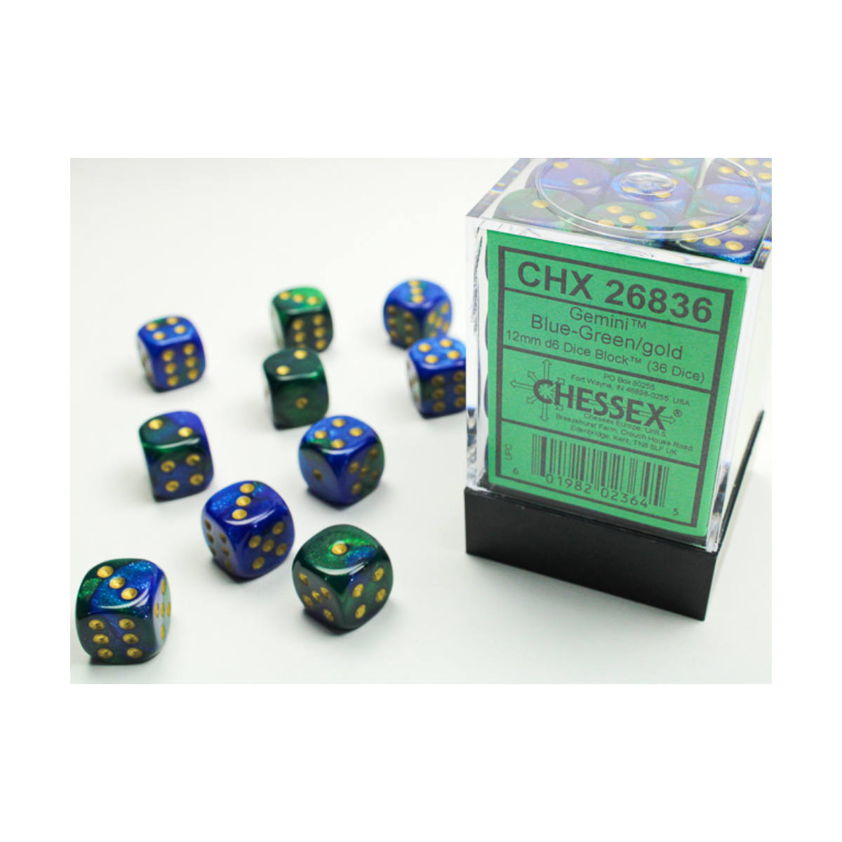 Chessex Gemini Blue-Green/Gold 12mm D6 Dice Block (36 Würfel)