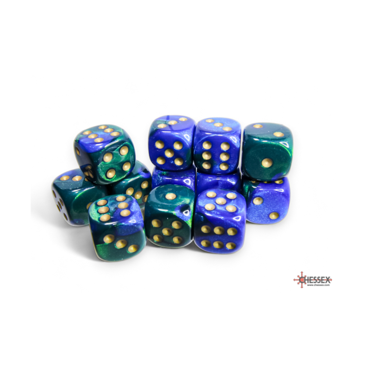 Chessex Gemini Blue-Green/Gold 16mm D6 Dice Block (12 Würfel)