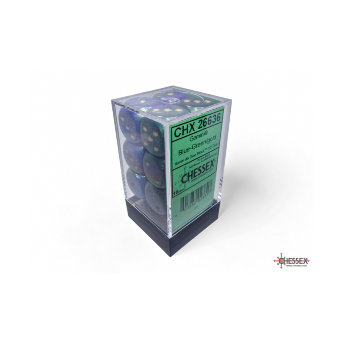 Chessex Gemini Blue-Green/Gold 16mm D6 Dice Block (12 Würfel)