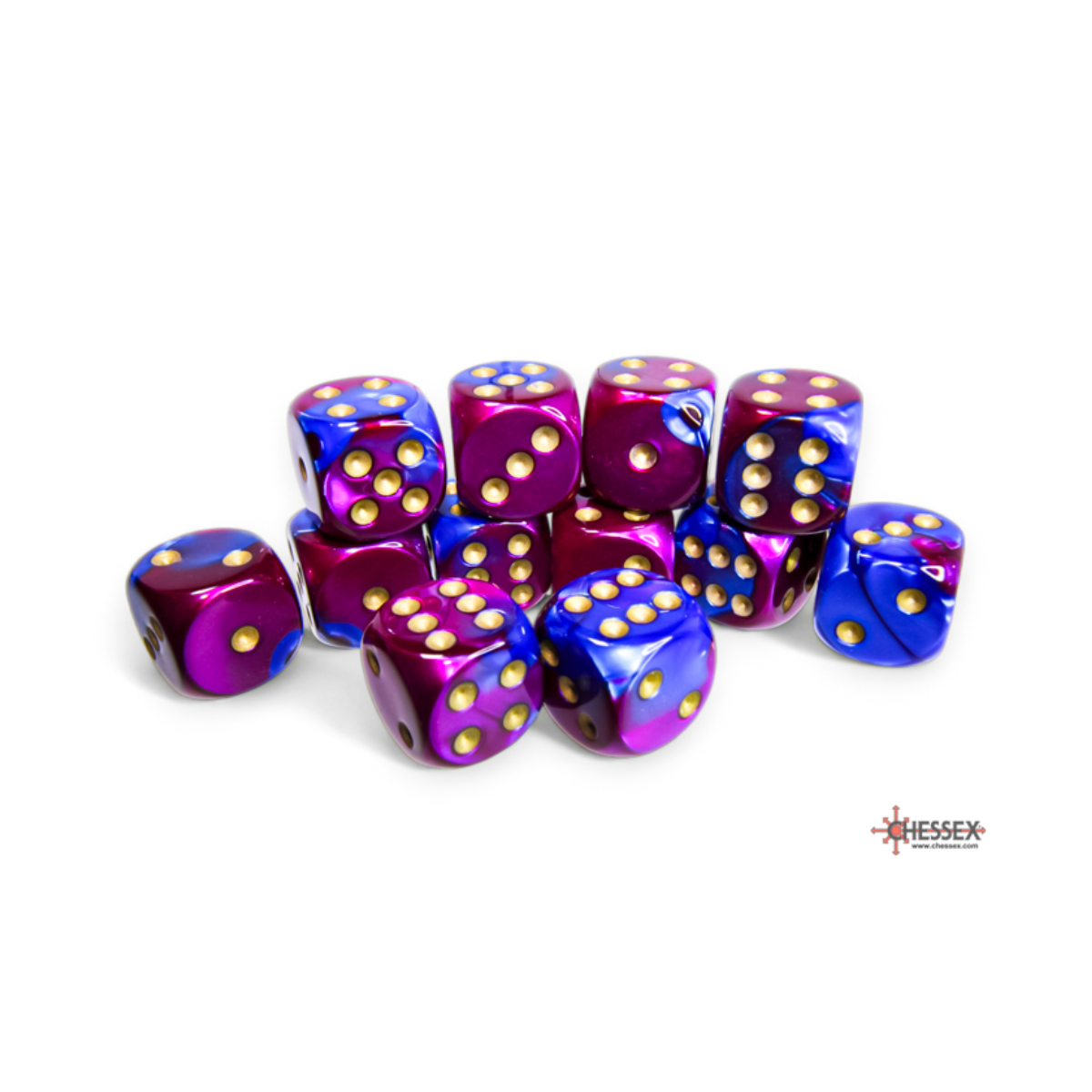 Chessex Gemini Blue-Purple/Gold 16mm D6 Dice Block (12 Würfel)