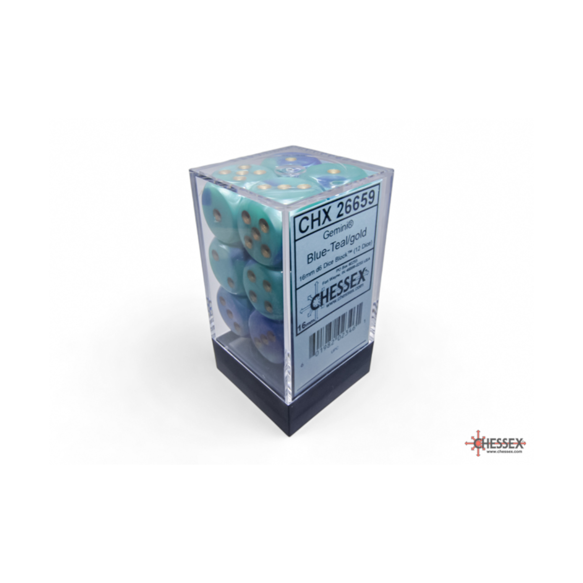 Chessex Gemini Blue-Teal/Gold 16mm D6 Dice Block (12 Würfel)