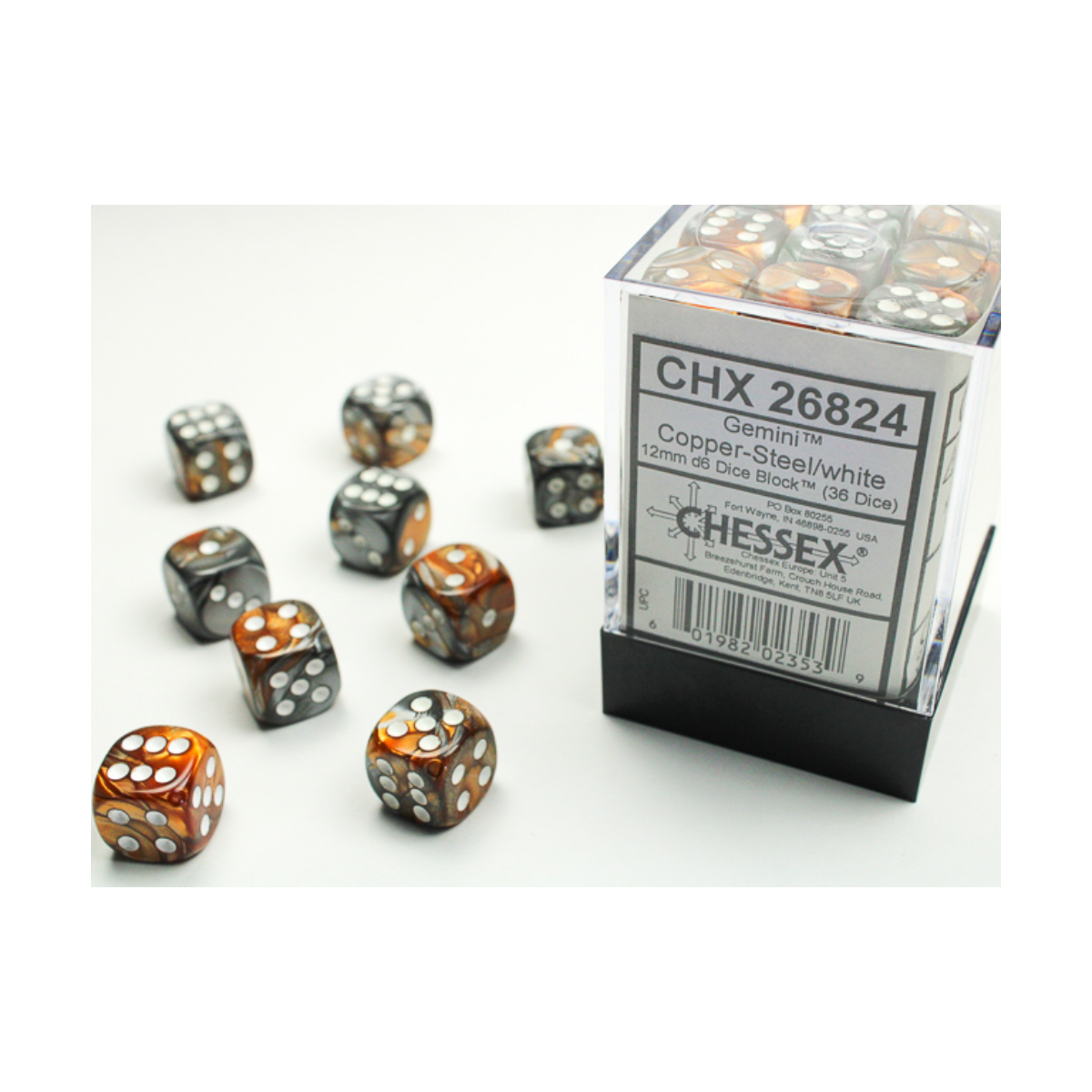 Chessex Gemini Copper-Steel/White 12mm D6 Dice Block (36 Würfel)