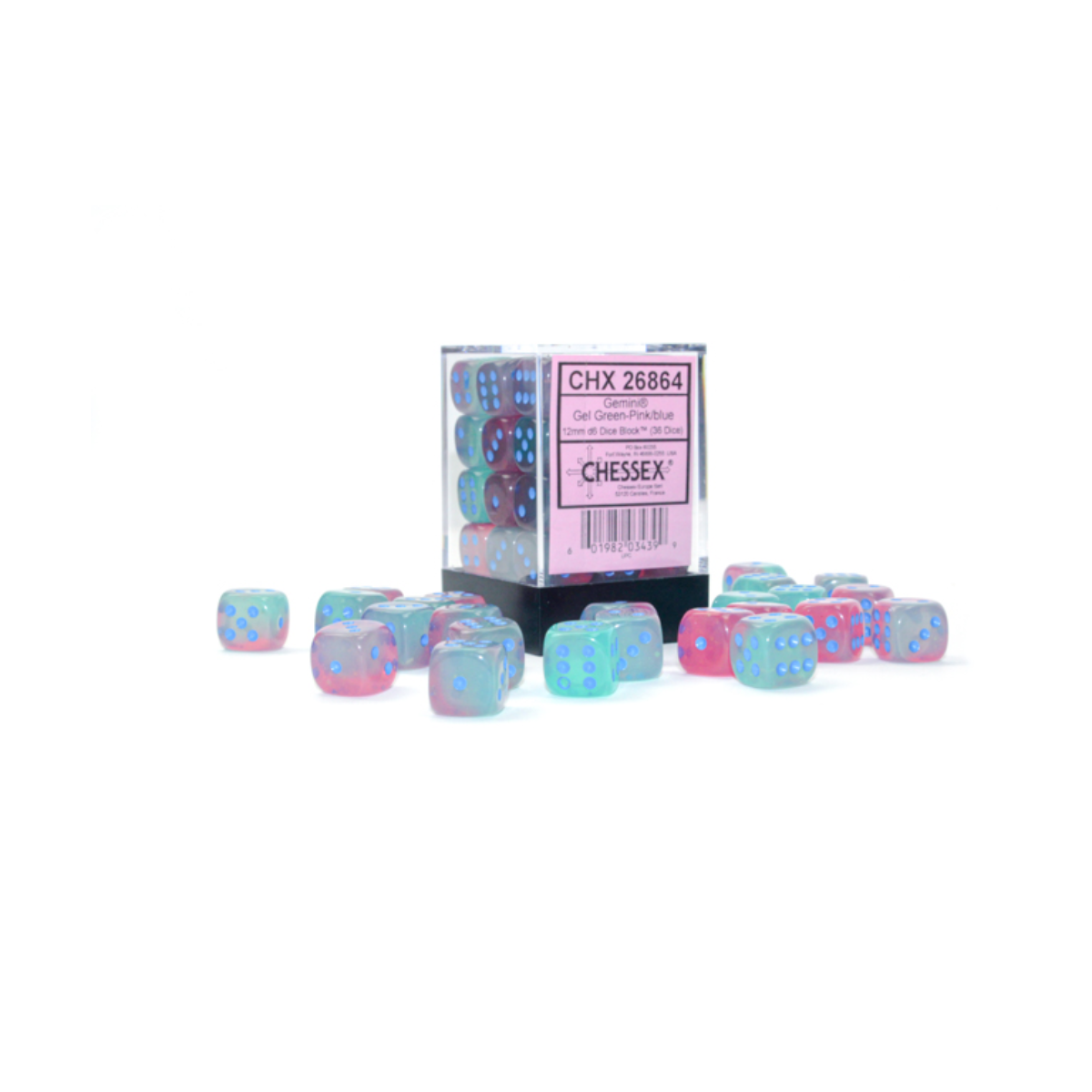 Chessex Gemini Gel Green-Pink/Blue Luminary 12mm D6 Dice Block (36 Würfel)