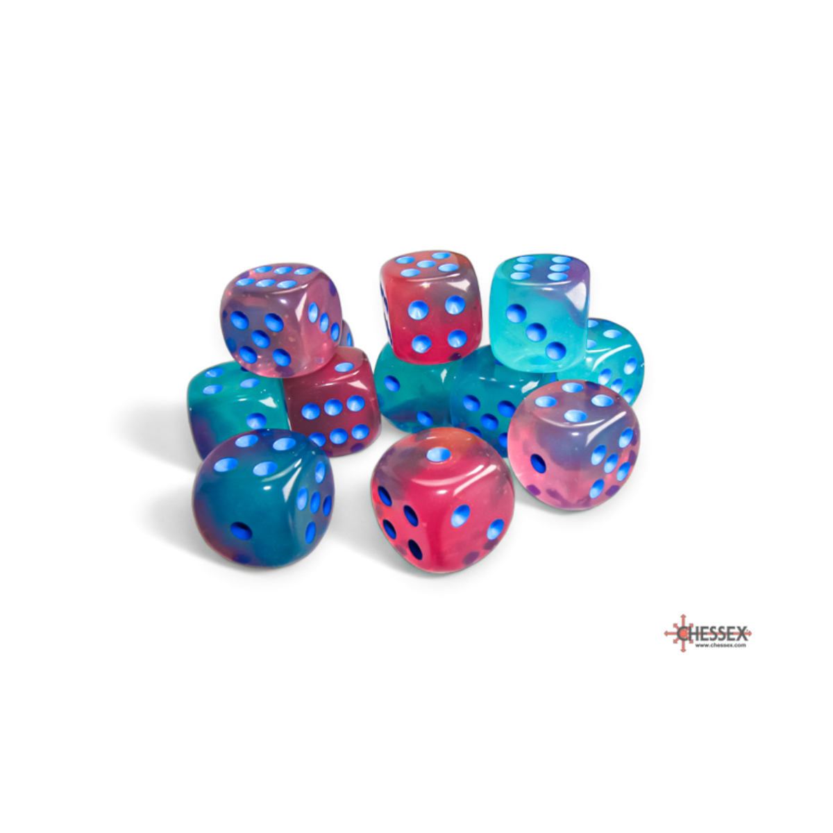 Chessex Gemini Gel Green-Pink/Blue Luminary 16mm D6 Dice Block (12 Würfel)