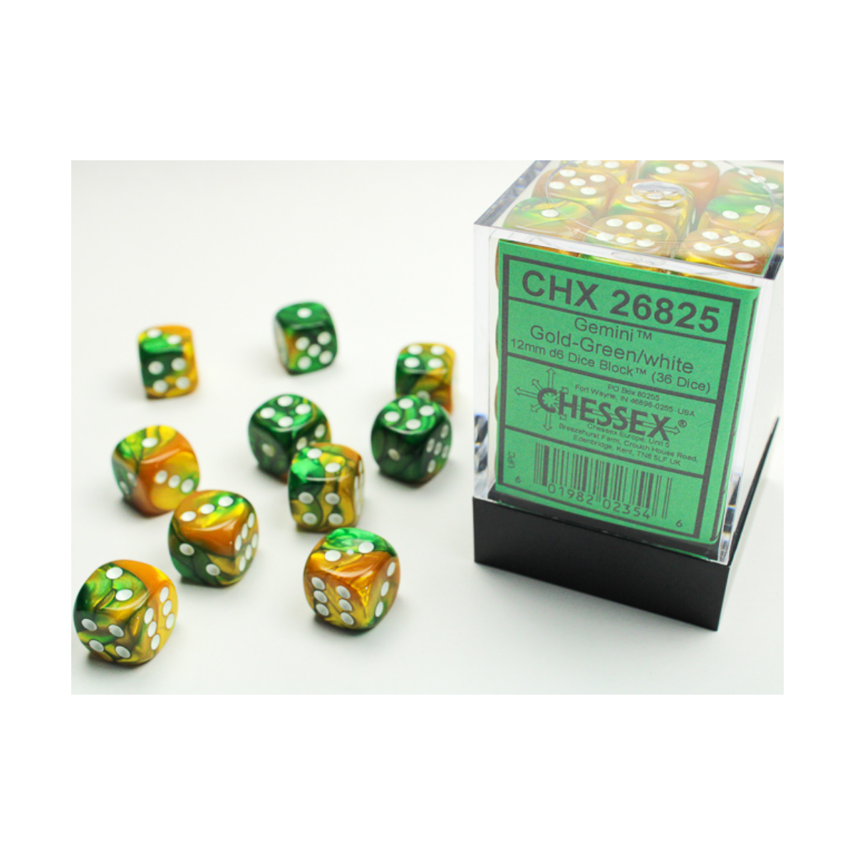 Chessex Gemini Gold-Green/White 12mm D6 Dice Block (36 Würfel)