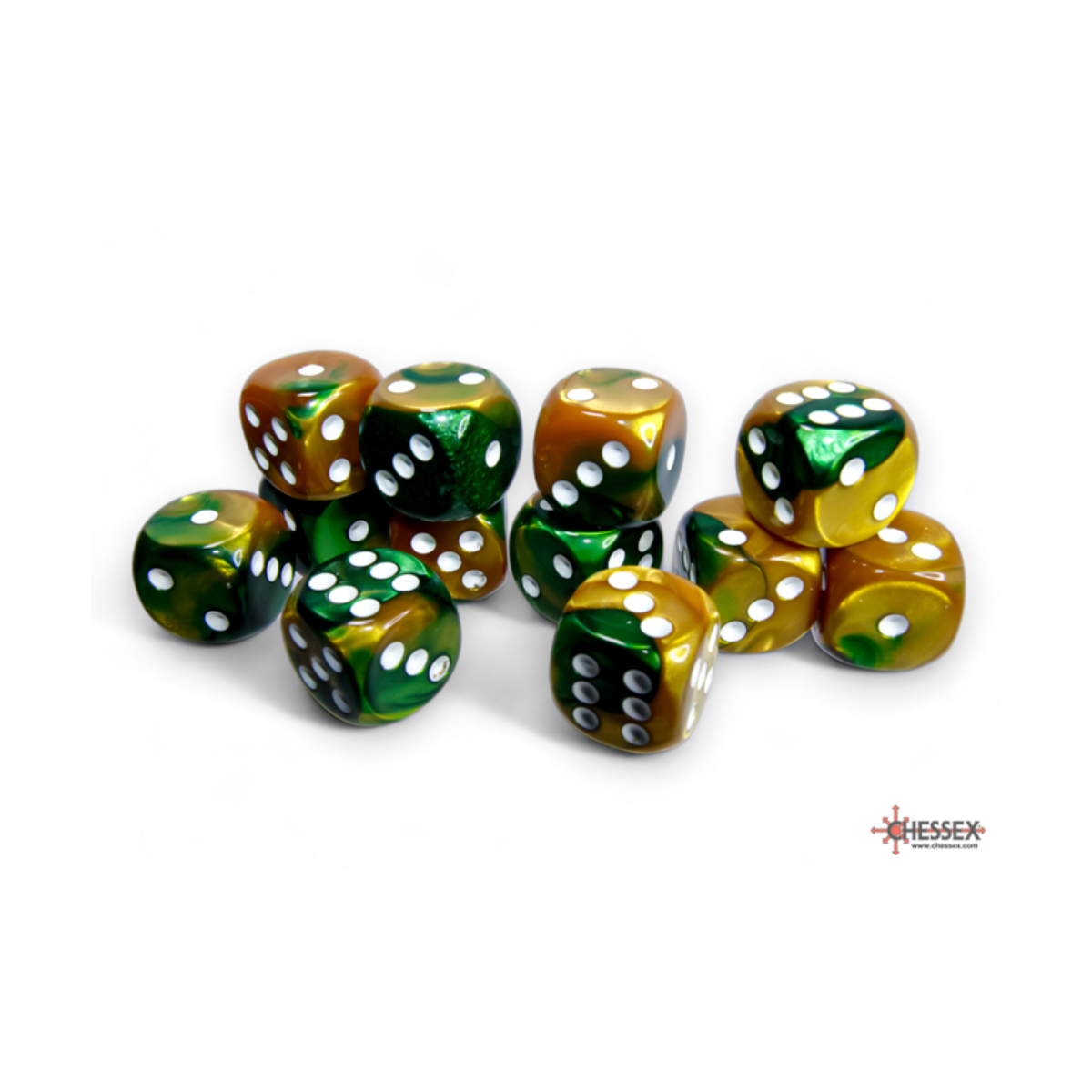 Chessex Gemini Gold-Green/White 16mm D6 Dice Block (12 Würfel)